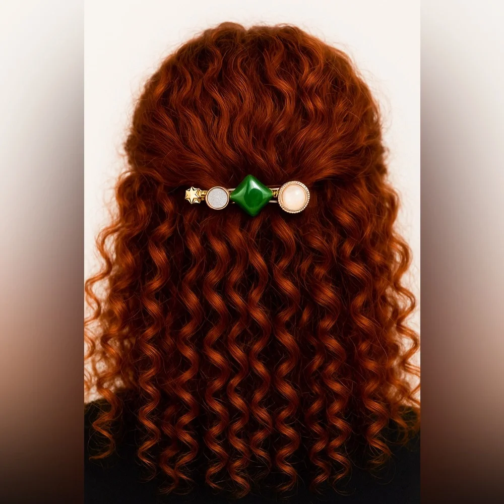 Green & Gold Jeweled Hair Clip – Elegant Textured Accent Barrette